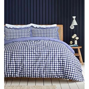 Sleepdown Just Contempo Beddengoedset met ruches, Vichy-patroon, effen blauw, super kingsize 260 x 220 cm
