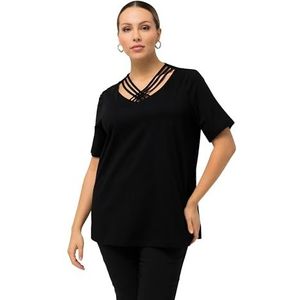 Ulla Popken Dames T-shirt, grote maten, klassiek, V-hals, korte mouwen, 807028, zwart.