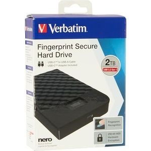 Verbatim Fingerprint Secure harde schijf, versleuteld, 2 TB, extern, USB 3.1 Gen 1 (USB-C connector), AES 256 bit, zwart
