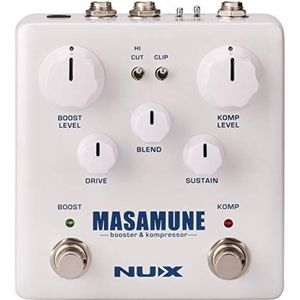 Nux NBK-5 Masamune Booster & Compressor pedaal, effectpedaal voor elektrische gitaar (Comp-Level, Drive, Blend & Sustain Controls, 4 schakelaars, 9 V DC) wit