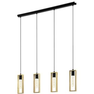 EGLO Hanglamp Littleton, industriële vintage stijl viervoudige hanglamp, retro hanglamp van staal en hout, tinten zwart en bruin, fitting E27, FSC-gecertificeerd