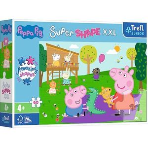 Trefl Junior - Peppa Pig, speelt met haar broer – puzzels 60 XXL Super Shape – gekke vormen, grote stukken, sprookjesfiguren om in te kleuren, vanaf 4 jaar