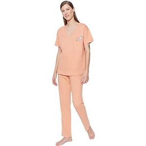 Trendyol Pyjama set van T-shirt en broek, middelgroot, grafisch, pijama-set voor dames (1 stuk), Zalm