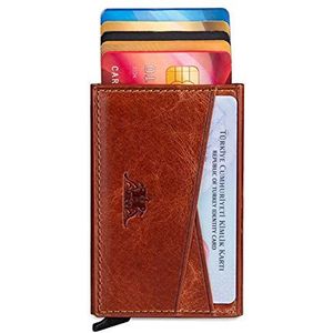 Porte-cartes pop-up automatique en cuir crazy vintage avec porte-monnaie Marron, Taba., 6 cm x 10 cm x 1 cm., Moderne