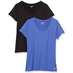 Amazon Essentials Dames Tech Stretch T-shirt met korte mouwen en V-hals (extra grote maat) - Zwart / lichtblauw - Maat S