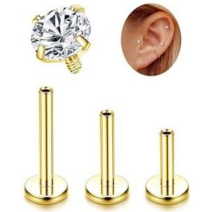Adramata G23 Titanium piercing oor tragus labret binnendraad lip CZ hypoallergeen kwallen kleine conch helix goud zilver, Titanium