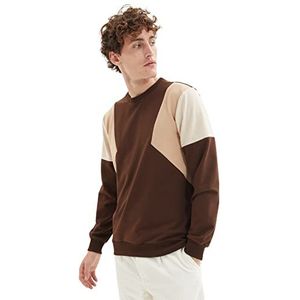 Trendyol Sweatshirt met ronde hals en kleurblokken, trainingspak, heren, bruin, M, Bruin