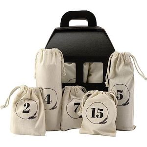 Jean & Len Adventskalender 2023, 24 verrassingen met de hand verpakt in herbruikbare katoenen zakken, met 3 samenwerkingspartners, ook geschikt als cadeau, kerstkalender