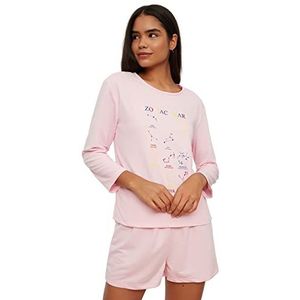 Trendyol Dames pyjama kort met gebreide slogan in het midden, roze, L, Roze