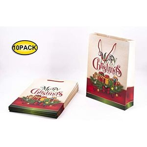 10 stuks papieren zakken met gekleurde koordgreep, Vrolijk Kerstfeest, 33 x 10 x 45 cm