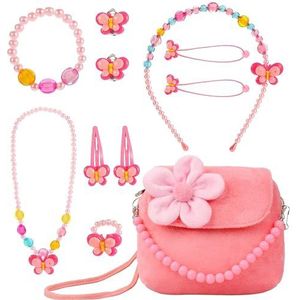 MEMOFYND 1 x bloemensieradenzakje, een roze accessoireset, handtas voor meisjes, feestkledingset voor meisjes, cadeau voor meisjes, sieradenset voor kinderen, ijzer, IJzer