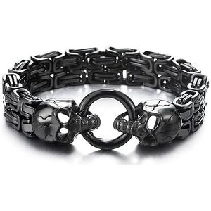 COOLSTEELANDBEYOND Herenarmband, zwart, roestvrij staal, Byzantijnse gevlochten ketting met schedel en veersluiting, lengte 22 cm, breedte 1,5 cm, roestvrij staal metaal, geen edelsteen, Roestvrij