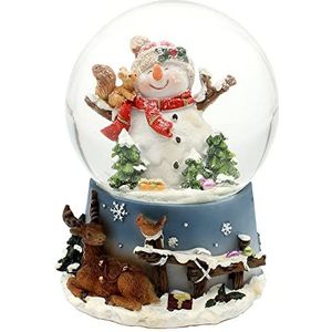 Dekohelden24 Grote sneeuwbol sneeuwpop met eekhoorntje en dennenboom met toon op zorgvuldig gedecoreerde sokkel, afmetingen L x B x H: 10 x 10 x 14 cm, bal Ø 10 cm