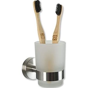 SOSmart24 JUST Silver Tandenborstelhouder zonder boren van roestvrij staal met glazen beker mat geborsteld