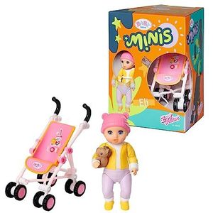 Zapf Creation Baby Born, minipop met puppywagen, Baby Born Minis - Playset Stroller, 7 cm grote pop Eli met Puppenwagen en scheltier, 906156