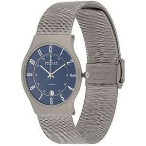 Skagen Sundby Herenhorloge, kwartsuurwerk, roestvrij stalen armband, lederen band, Grijs en Blauw, Band