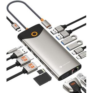Docking dockingstation USB C, 15-in-1 NOVOO, 2 HDMI 4K @60Hz, VGA, USB-C/A 5Gbps, SD/TF-speler, Gigabit Ethernet, 100 W PD – externe knop, multifunctioneel dock voor laptop, MacBook