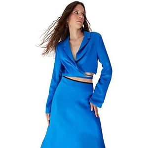 Trendyol Blazer Court uni à col Chemise Manteau, Bleu, 66 Femme, Bleu, 38