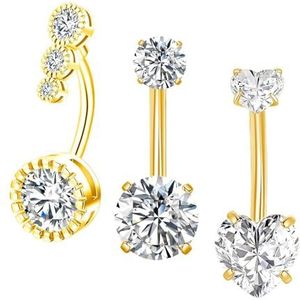 Gojewen 3 stuks lange navelpiercing, 12 mm, 14 mm, navelpiercing, chirurgisch staal, navelpiercing, goud, zilver, hart van kristal, navelpiercing, sieraden, Metaal