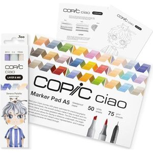 Copic Ciao LAYER & MIX Serene starterset, marker met 3 verschillende kleuren, markeerpapier en tekensjabloon om te tekenen, met oefenblad om te leren kennen