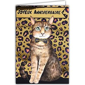Afie 69-7073 wenskaart voor verjaardag, kat, luipaarddieren, strik, zwart en goud, feest, wensen, glanzend, chique, modieus, modieus