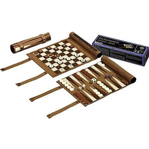 Philos Backgammon, Schaak- en Damreisset - Ideaal voor op reis - Oprolbaar speelveld - Plastic speelstukken - Inclusief dobbelstenen
