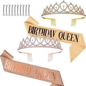 YUEMING 2 stuks tiara, kristallen kroon, stras met riem, sjaal ""Birthday Queen"", kristallen tiaraset voor meisjes en dames, feestdecoratie, goud/roze, Bergkristal, strassteentjes