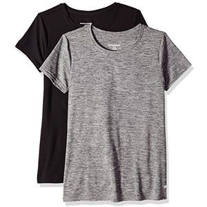 Amazon Essentials Dames Tech Stretch T-shirt met korte mouwen en ronde hals (verkrijgbaar in grote maten), zwart/donkergrijs gemêleerd, maat L