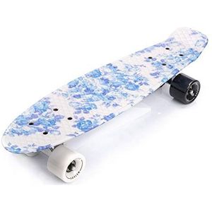 Compleet Retro Plastic Skateboard - Ideaal voor Kinderen en Tieners - Jongens en Meisjes - Kunststof Miniboard met Print - Cruiser board (FLOWERS white)