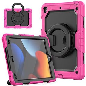 HUEZOE iPad 10,2 inch hoes model 2021/2020/2019 full body cover met 360 graden draaibare standaard, schouderriem voor iPad 9/8/7, roze-rood