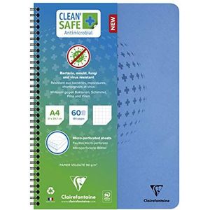 Clairefontaine 82142C Notitieboek, spiraalbinding, Clean Safe, A4, 21 x 29,7 cm, 120 pagina's, afneembaar, kleine ruiten, wit papier, 90 g, antimicrobiële envelop