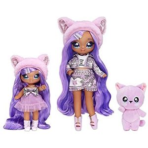 Na Na Surprise Family zacht poppenset van 3 met 2 modepoppen en 1 huisdier - speelgoed voor kinderen - Lavender Kitty met lang haar poppen, 12 accessoires in outfits en een schattige pluche kat.