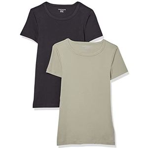 Amazon Essentials Set van 2 T-shirts voor dames met korte mouwen en ronde hals, slim fit, zwart/saliegroen, maat S