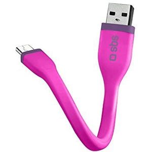 SBS Micro-USB-gegevens- en oplaadkabel, lengte 12 cm, USB-aansluiting, micro-USB, platte afwerking, geen klitten, voor smartphone, tablet, laptop, pc, roze