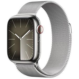 Apple Watch Series 9 (41 mm GPS + Cellular) Smartwatch met roestvrijstalen behuizing en Milanese zilverkleurige armband Tracker voor fysieke activiteit, apps voor zuurstof in het bloed en ECG,