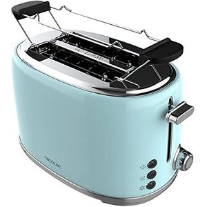 Cecotec Toast & Taste 1000 Retro Double Blue 2-delige broodrooster, 980 W, 2 x 3,8 cm brede en korte sleuven, roestvrij staal, bovenste stangen, verstelbaar vermogen, kruimellade