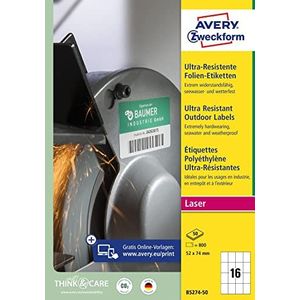 AVERY Zweckform 800 sterke aluminium etiketten (800 stickers, 52 x 74 mm op A4, extreem hechtend, voor moeilijke oppervlakken, kleeffolie voor buitenkant) 50 vellen, wit