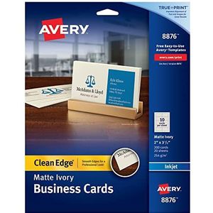 Avery Visitekaartjes, bedrukbaar, inkjetprinter, 200 kaarten, 2 x 3,5, schone rand, zwaar, ivoorkleurig (8876)