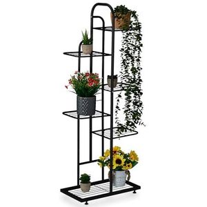Relaxdays Plantenstandaard met 6 niveaus voor 7 bloempotten, metalen kamerplantenrek, 109,5 x 44 x 22 cm, plantentrap, zwart