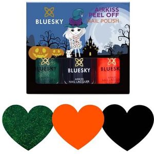 Bluesky Nagellak voor kinderen, Halloween-collectie, zwart, groen, oranje, gemakkelijk te verwijderen, niet giftig, op waterbasis, geurloos, geschenkdoos, 3 x 5 ml met stickers