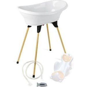 THERMOBABY VASCO Babybad, 5-in-1, badkuip, houten voet, afvoerslang, badstoel, thermometer, candidiasis, wit, opvouwbaar en stabiel, gemaakt in Frankrijk