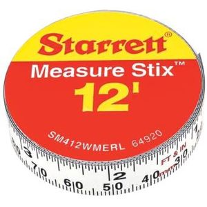 Starrett Mesurer Stix Sm412wmerl meetlint van staal met kleefachterkant, Engels/metrisch, schaalverdeling rechts, voor links, 3,65 m lengte, 1,3 cm (13 mm), 0,2 cm intervalschaal