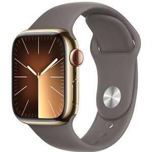 Apple Watch Series 9 (41 mm GPS + Cellular) Smartwatch met goudkleurige roestvrijstalen behuizing en sportarmband in kleikleur (M/L). Tracker voor fysieke activiteit, apps voor zuurstof in het bloed