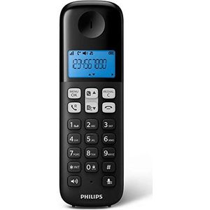 Philips DECT D1611B/34 Draadloze telefoon, achtergrondverlichting, HQ-geluid, tot 4 mobiele telefoons, handsfree, laag stroomverbruik, beller-ID, vaste telefoons, kleur: zwart (compatibel: ES,