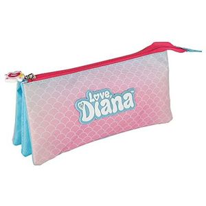 ToyBags Love Diana Mermaid Love Pennenetui, groot etui met 3 vakken, ritssluiting, zeemeerminstaart, 11 × 5 × 23 cm