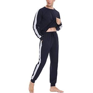 Doaraha Pyjama voor heren, katoen, geruit, nachtkleding, lange mouwen, rasterweefsel, zacht en comfortabel, korte mouwen, T-shirt en broek, 2 stuks, 1175# diepblauw - lange mouwen