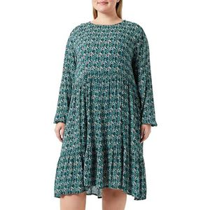 KAFFE Women's Dress Long Sleeves Round Neck Below Knee Length Printed Casual Fit Femme, Green Flower And Leaf Print, 42