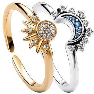 TOFBS 2 stuks ringen met maanmotief, glinsterend, verstelbaar, verguld, zilveren ring, belofte, paar, angst, verstelbaar, fidget-ringen voor dames, cadeau, metaal