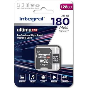 Integral 128 GB Micro SD-kaart, 180 MB/s 4K videoleessnelheid en 90 MB/s schrijfsnelheid, MicroSDXC A2 C10 U3 UHS-I 180-V30