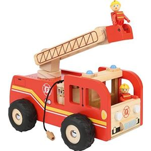 Small foot 8509 Brandweervrachtwagenladder, houten ladder met draaiplateau en 2 brandweerfiguren